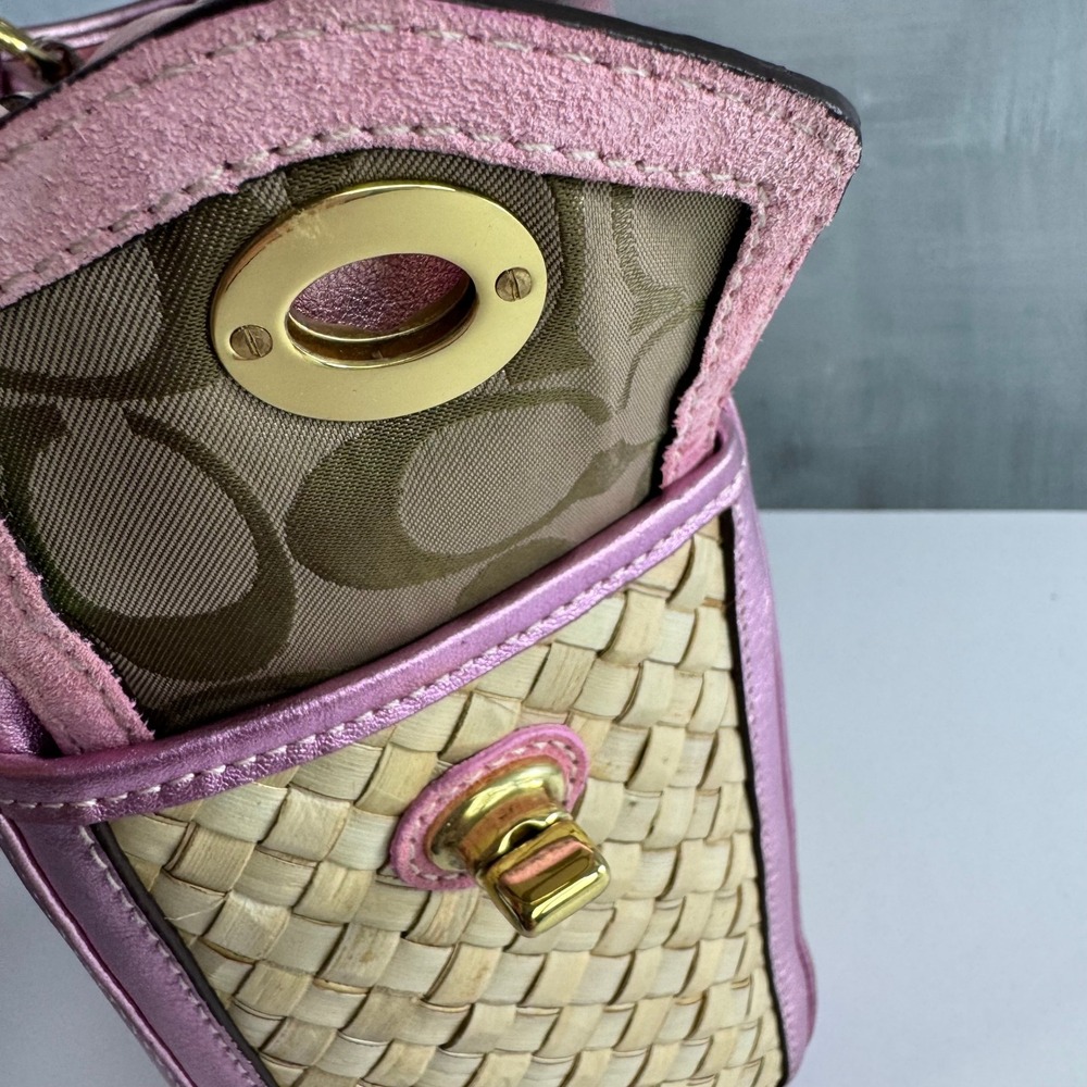 VTG Coach Straw Tote Women Pink Metallic Leather Suede Woven Basket Bag Y2K 4419 - Picture 12 of 15